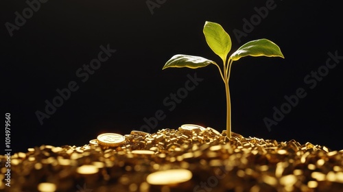 A Small Plant Growing Out of a Pile of Gold Coins