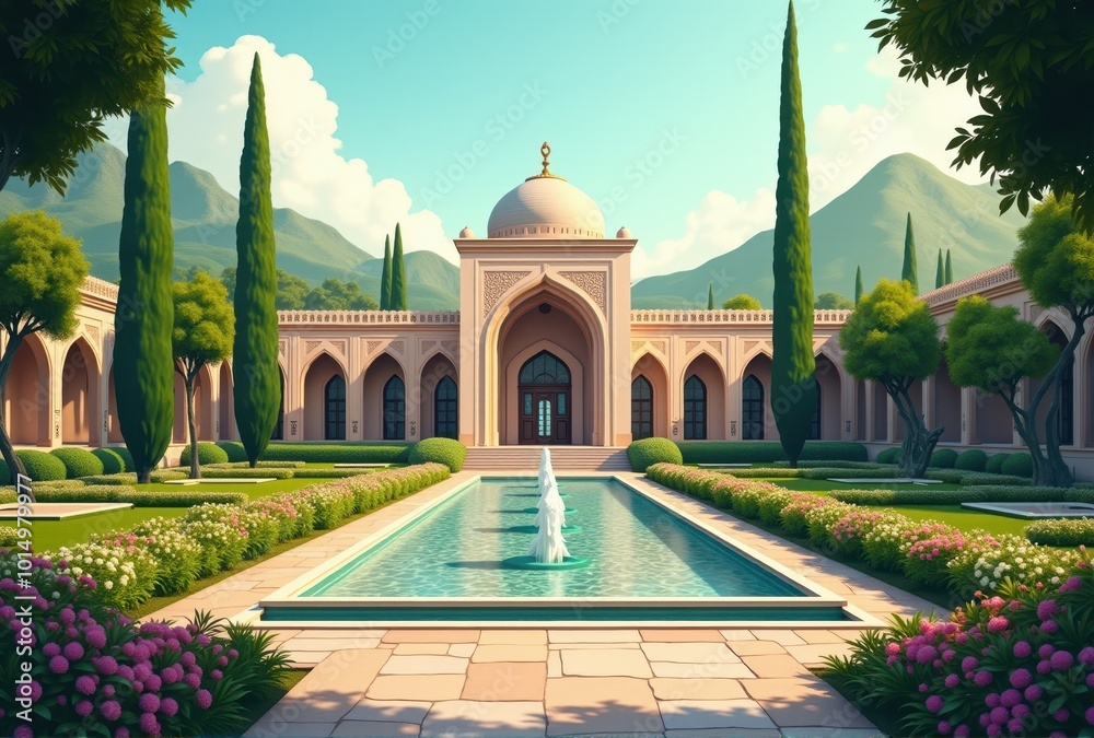 Fototapeta premium Islamic Architecture Courtyard with Fountains and Gardens Middle Eastern Palace Design