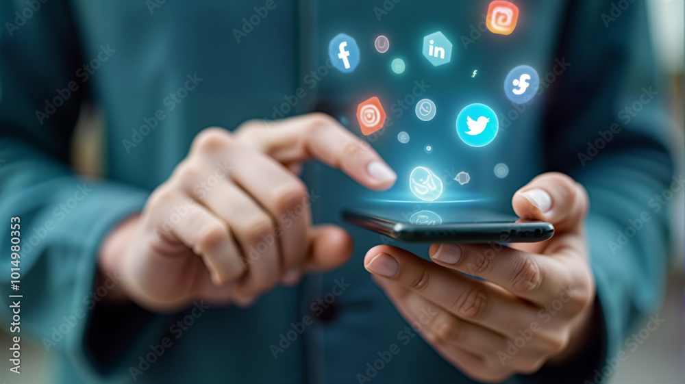 A person interacts with a smartphone displaying various social media icons. For digital marketing, social media campaigns, or technology-related content, showcasing modern connectivity A person interacts with a smartphone displaying various social media icons. For digital marketing, social media campaigns, or technology-related content, showcasing modern connectivity