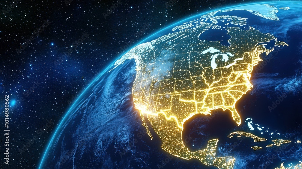 Obraz premium Glowing View of Earth with North America from Space