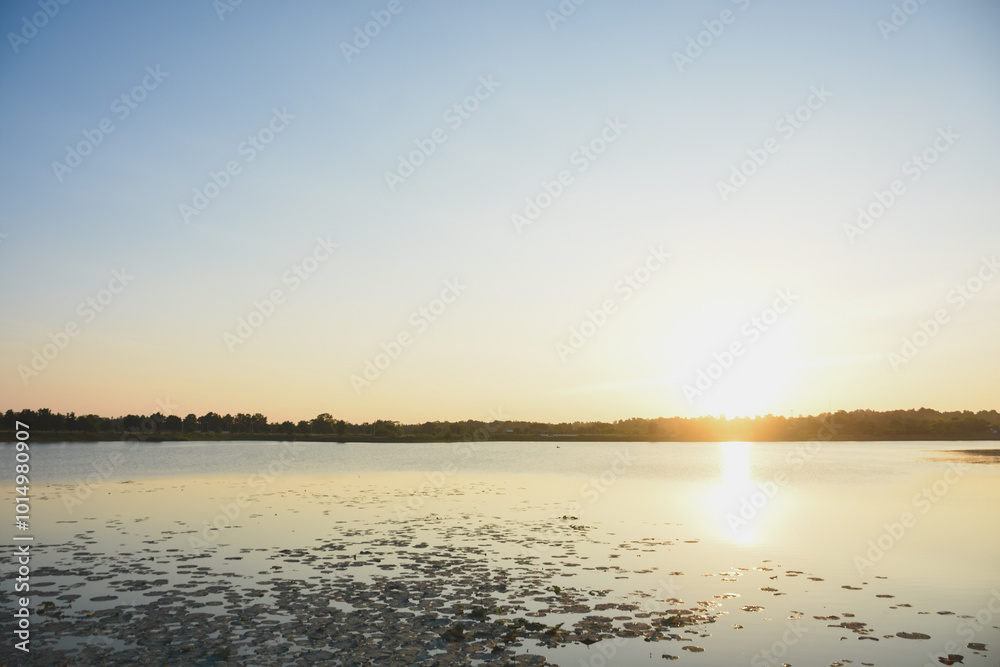 Fototapeta premium Sunset water surface and shadows of trees