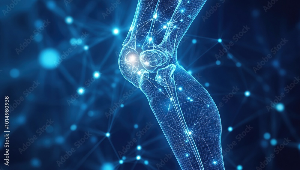 Abstract digital human knee joint, blue background with glowing dots forming the structure Abstract digital human knee joint, blue background with glowing dots forming the structure
