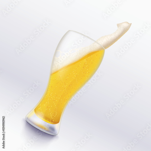 beer glass with splashed foam on white