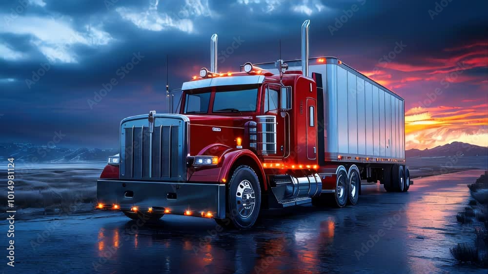 A large red semi-truck with chrome accents traveling on a wet road through a mountainous, snowy landscape. Detailed and realistic A large red semi-truck with chrome accents traveling on a wet road through a mountainous, snowy landscape. Detailed and realistic