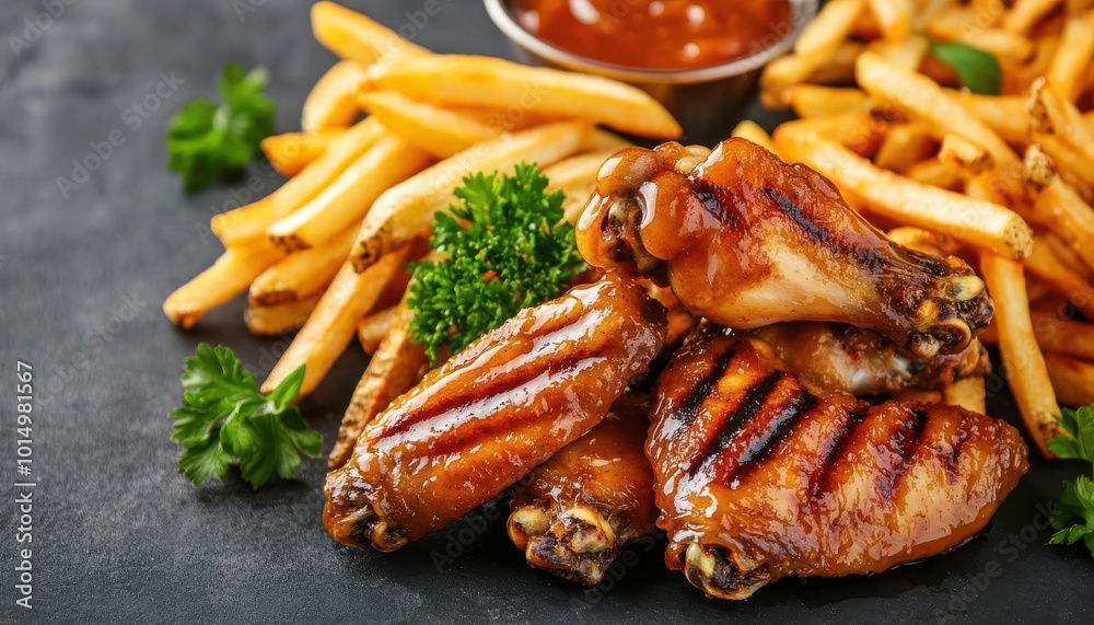 Grilled chicken wings tossed in a honey and garlic glaze, served with crispy fries, grilled chicken wings and fries, comfort food Grilled chicken wings tossed in a honey and garlic glaze, served with crispy fries, grilled chicken wings and fries, comfort food