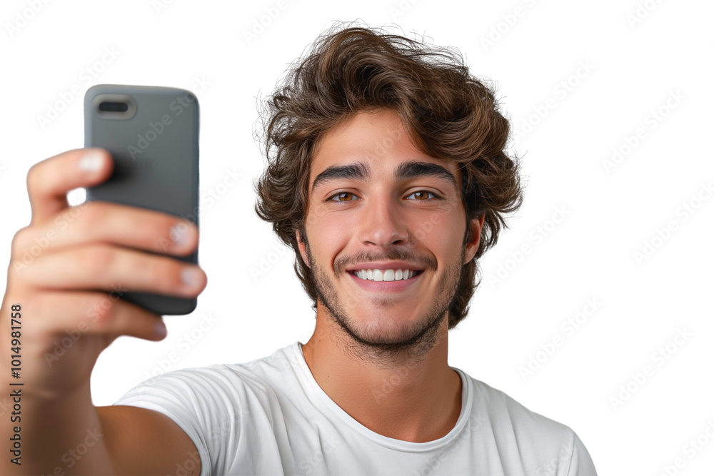 Business man recording video make selfie isolated die cut transparent PNG. Business man recording video make selfie isolated die cut transparent PNG.