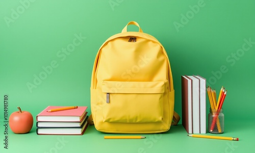 Pastel backpack, school supplies, textbooks, pencils, minimalist composition