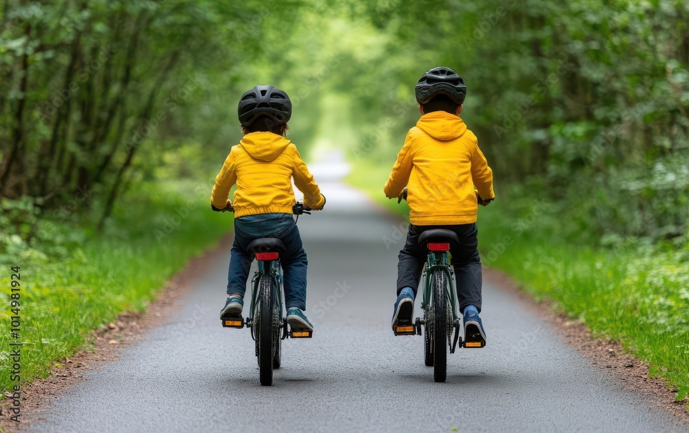 Fototapeta premium A family riding bicycles together down a treelined path on a beautiful Sunday, Sunday family ride, active weekend