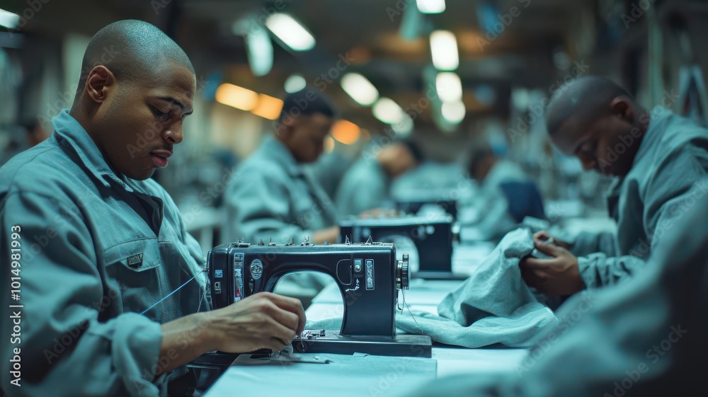 Prisoners sewing uniforms in a vocational training room, overtheshoulder shot, realistic lighting, sewing machines, fabric details, focused expressions, ultrarealistic style Prisoners sewing uniforms in a vocational training room, overtheshoulder shot, realistic lighting, sewing machines, fabric details, focused expressions, ultrarealistic style