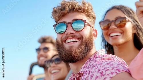 A group of friends on a Sunday road trip, with open windows, wind in their hair, and music playing, Sunday road trip joy, adventure vibes photo