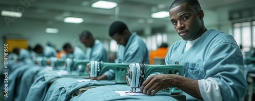 Prisoners sewing uniforms in a vocational training room, overtheshoulder shot, realistic lighting, sewing machines, fabric details, focused expressions, ultrarealistic style photo