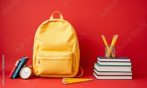 Pastel backpack, school supplies, textbooks, pencils, minimalist composition