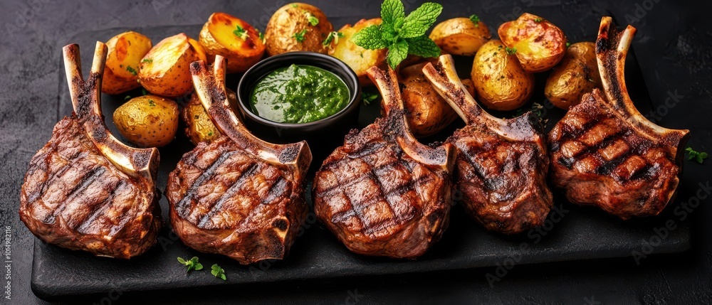 A selection of grilled lamb chops served with mint sauce and roasted potatoes, grilled lamb chops, gourmet barbecue A selection of grilled lamb chops served with mint sauce and roasted potatoes, grilled lamb chops, gourmet barbecue