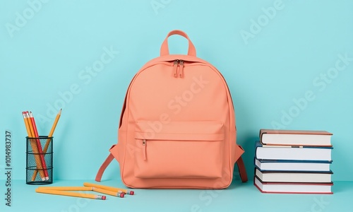 Pastel backpack, school supplies, textbooks, pencils, minimalist composition