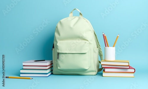 Wallpaper Mural Pastel backpack, school supplies, textbooks, pencils, minimalist composition Torontodigital.ca