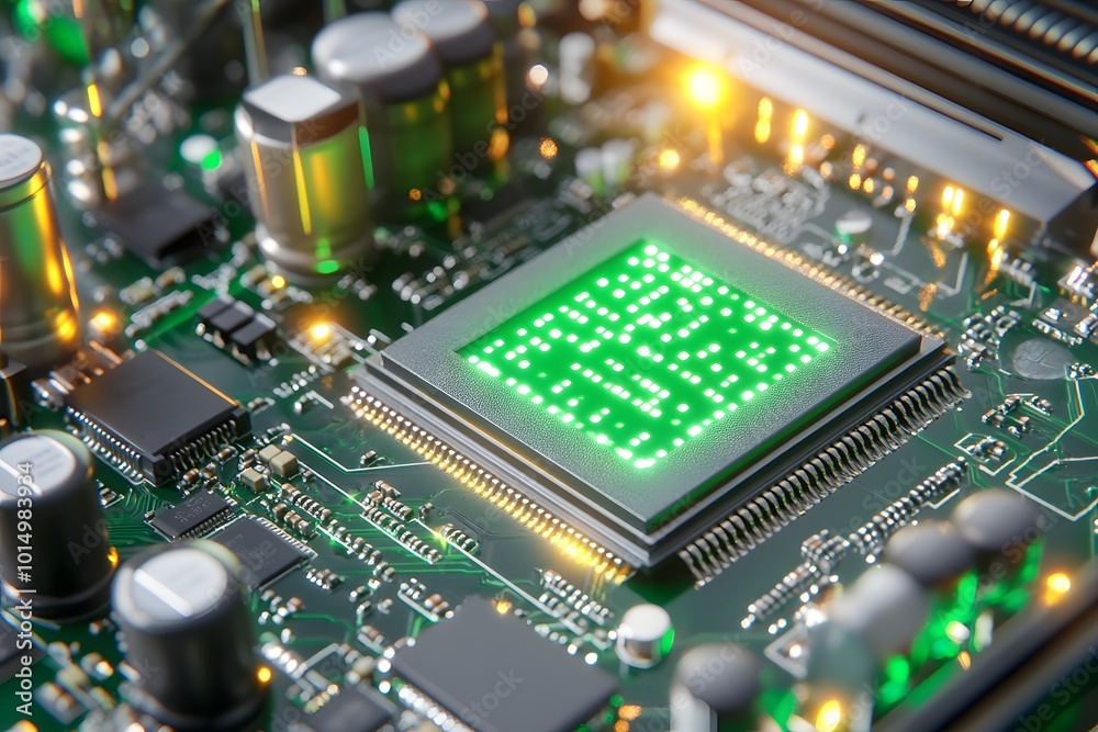 A close-up of the green light on a graphics card's interior, showing detailed circuitry and components A close-up of the green light on a graphics card's interior, showing detailed circuitry and components