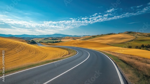 Scenic winding road through picturesque golden fields under a vibrant blue sky, perfect for travel and nature photography.