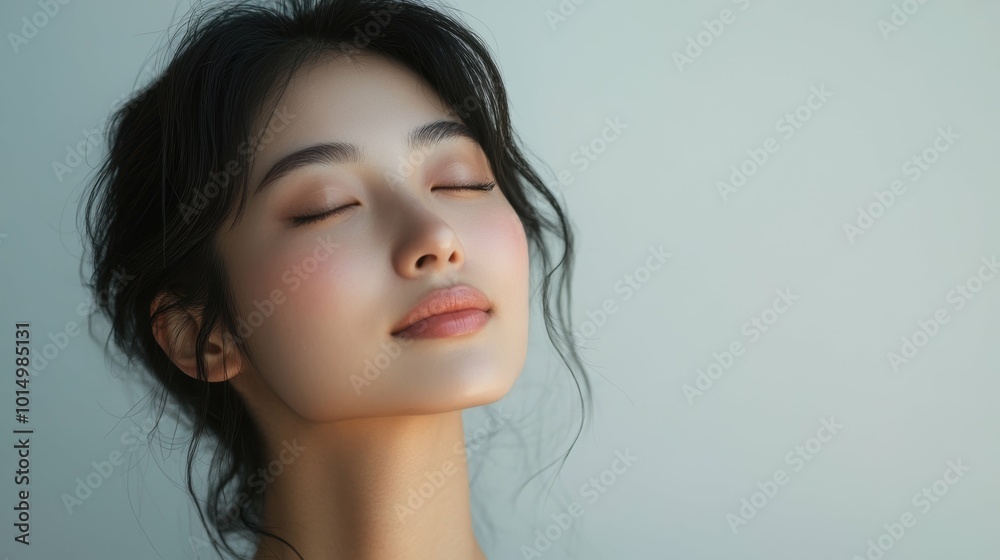 Tranquil Asian Woman Embracing Solitude on Creamy White Background Tranquil Asian Woman Embracing Solitude on Creamy White Background
