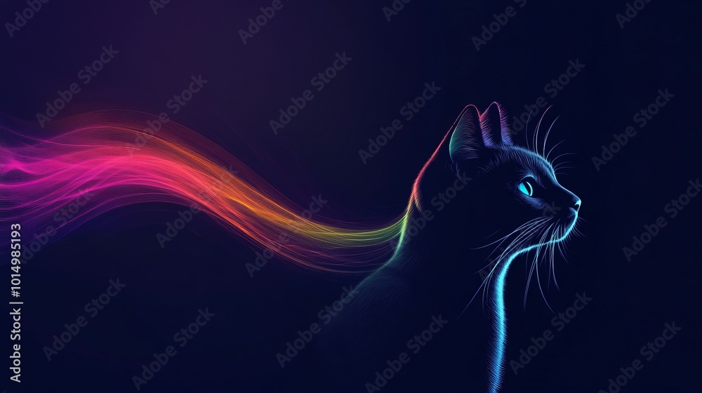 A black cat with a rainbow tail, a vibrant digital art piece. A black cat with a rainbow tail, a vibrant digital art piece.