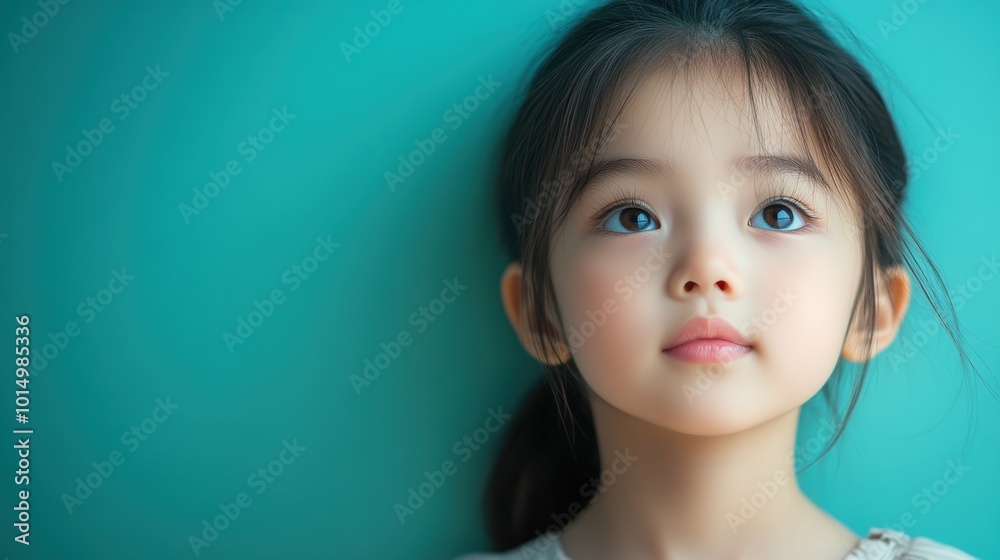 Contemplative Asian Child with Dreamy Expression on Soft Pastel Green Background Contemplative Asian Child with Dreamy Expression on Soft Pastel Green Background