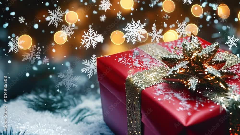 A red gift box with Christmas decorations next to it on a blurred background. A red gift box with Christmas decorations next to it on a blurred background.