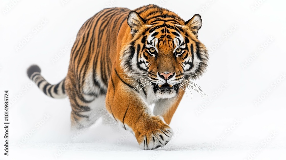 Obraz premium Majestic Tiger Stalking in Dynamic Pose on White Background