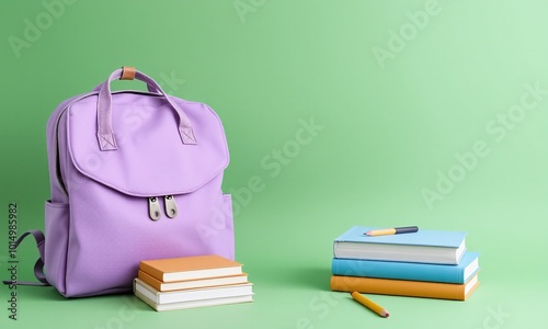 Wallpaper Mural Pastel backpack, school supplies, textbooks, pencils, minimalist composition Torontodigital.ca
