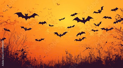 Halloween banner, poster with black bats on the orange background. Template vector Illustration for text. Halloween background with swarm of bats on orange sky. Pattern, background of halloween bat