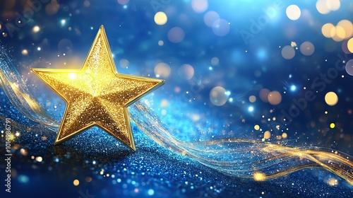 Golden star on a vibrant blue background with swirling lights, perfect for award ceremonies and celebratory events.