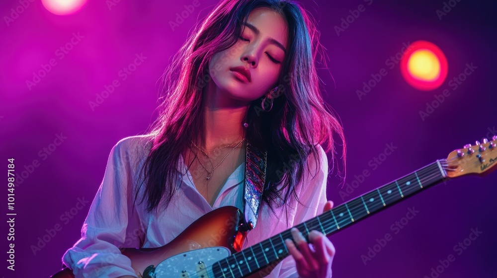 Obraz premium A young Asian musician lost in their performance, on a muted violet background