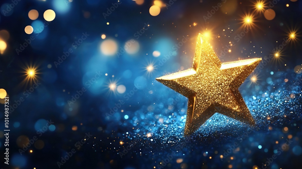 Golden star on a vibrant blue background with swirling lights, perfect for award ceremonies and celebratory events Golden star on a vibrant blue background with swirling lights, perfect for award ceremonies and celebratory events
