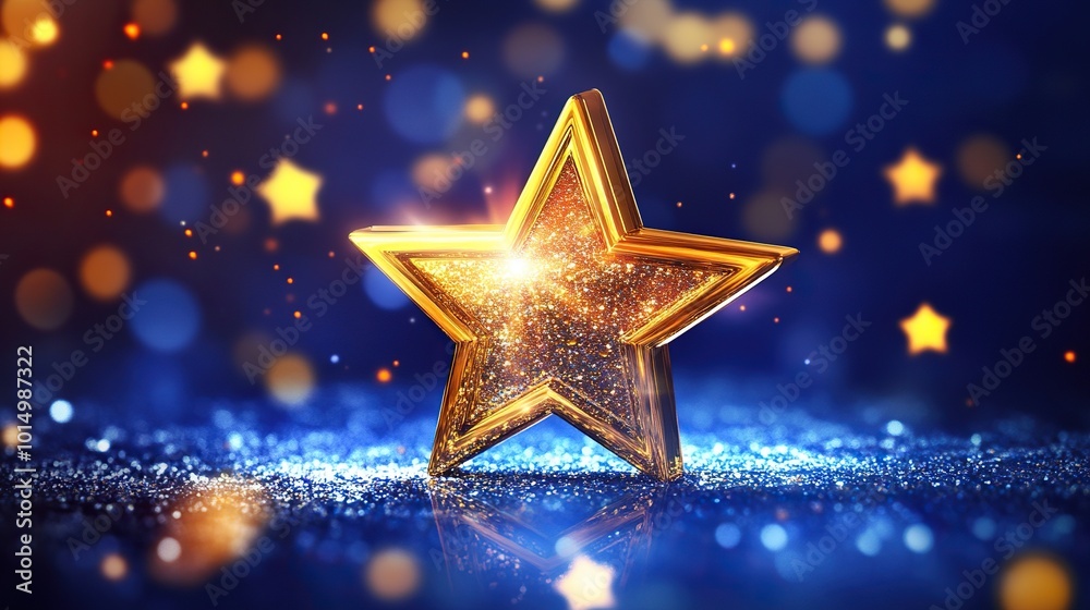 Golden star on a vibrant blue background with swirling lights, perfect for award ceremonies and celebratory events