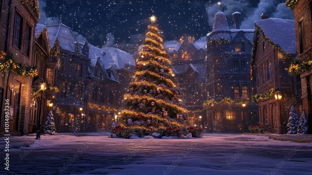 Christmas Tree in Snowy Town Square at Night Christmas Tree in Snowy Town Square at Night