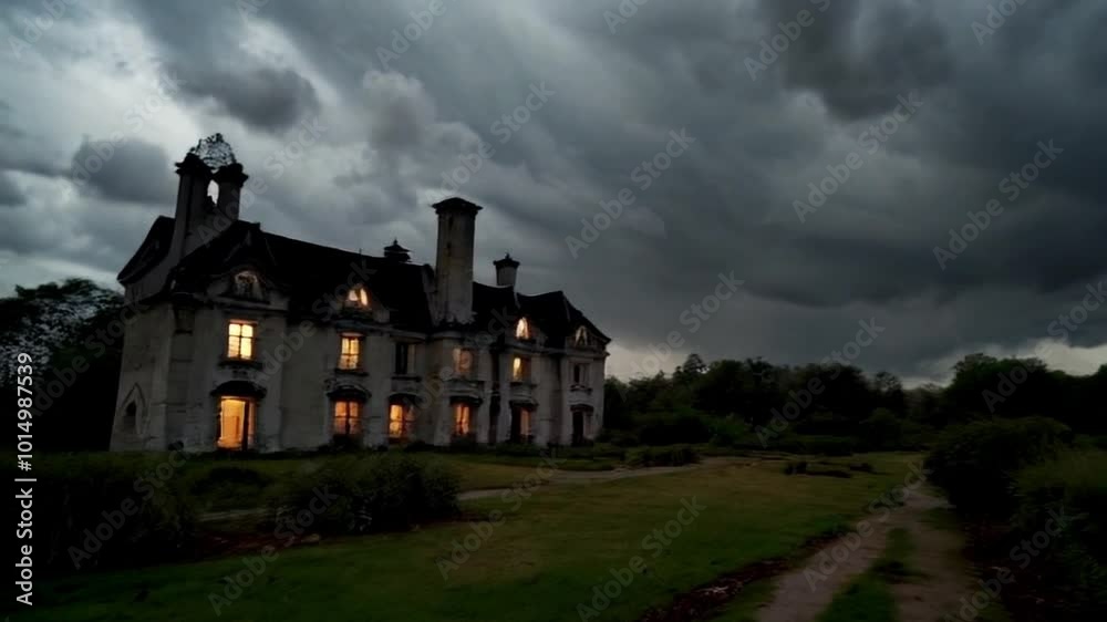 Dramatic Time-Lapse of Stormy Sky: Lightning and Dark Clouds Over an Eerie Mansion Dramatic Time-Lapse of Stormy Sky: Lightning and Dark Clouds Over an Eerie Mansion