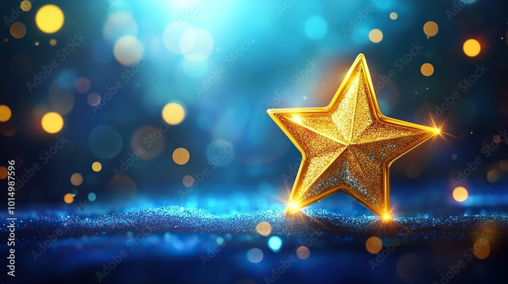 Golden star on a vibrant blue background with swirling lights, perfect for award ceremonies and celebratory events Golden star on a vibrant blue background with swirling lights, perfect for award ceremonies and celebratory events