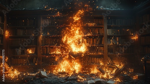 A fire-ravaged bookcase with books burning and falling apart, illuminated by intense fire photo