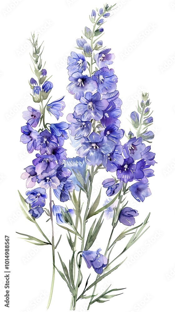 Obraz premium neat watercolor illustration of Larkspur on white background.