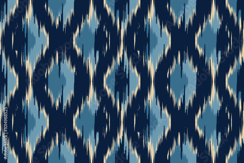 Seamless ikat fabric pattern with traditional tribal geometric shapes, perfect for textile design, home decor, wallpaper and fashion fabrics in ethnic, bohemian or rustic style.