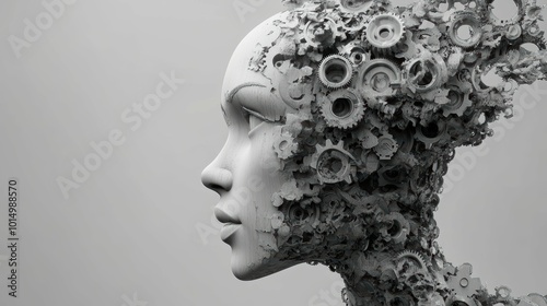 Mindset shift gears turning inside head outline, light industrial gray background photo