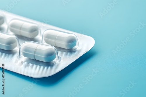 White Pills in a Blister Pack on Blue Background