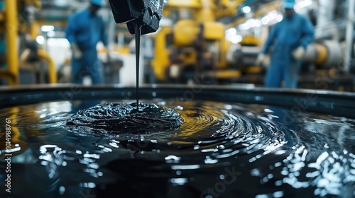 Close-up of unrefined crude oil in its natural, thick, black form, being inspected by workers in a refinery, machines working in the background photo