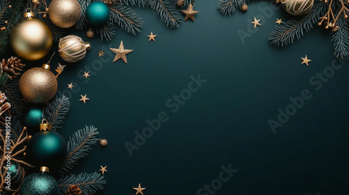 Modern Blue Christmas background with gold balls and fir branches. Greeting card, Happy New Year