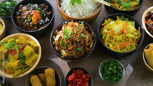 Composition with a variety of east asian dishes. photo