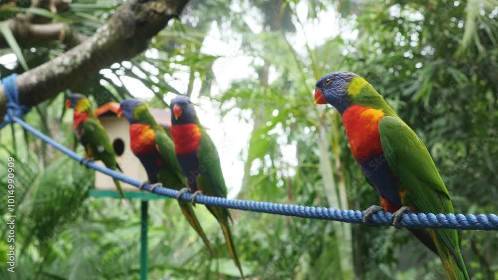 Four colorful exotic birds sit on a rope in a tropical forest in Guadeloupe Four colorful exotic birds sit on a rope in a tropical forest in Guadeloupe