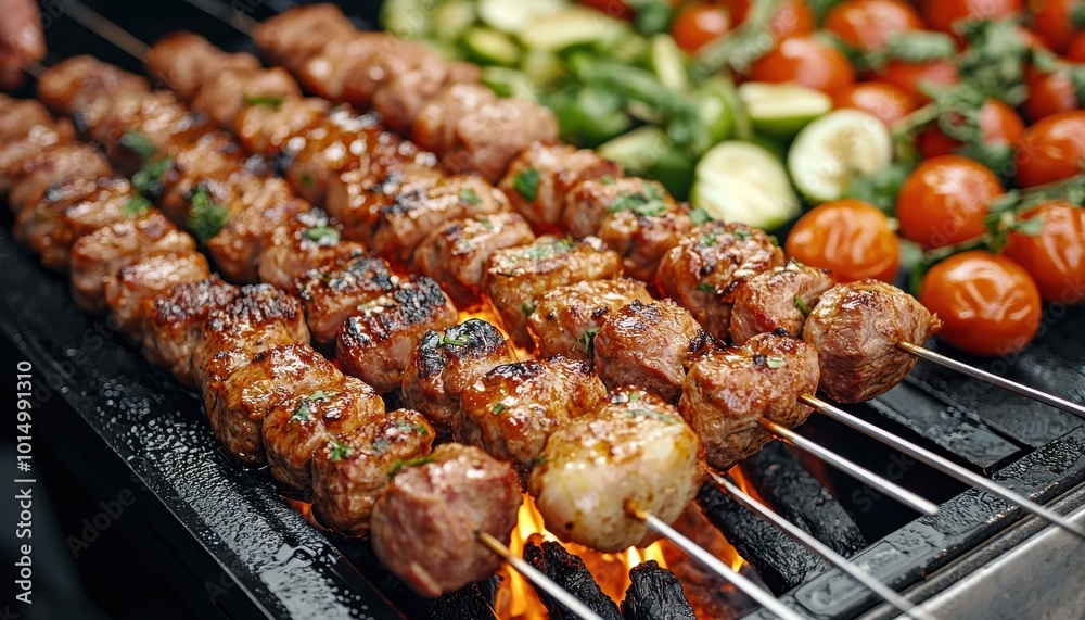 Closeup of Grilled Meat Skewers with Vegetables on BBQ Grill Closeup of Grilled Meat Skewers with Vegetables on BBQ Grill