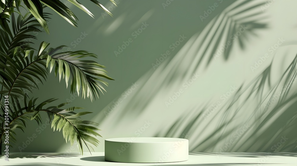 Green Platform with Palm Leaf Shadows and Greenery Green Platform with Palm Leaf Shadows and Greenery