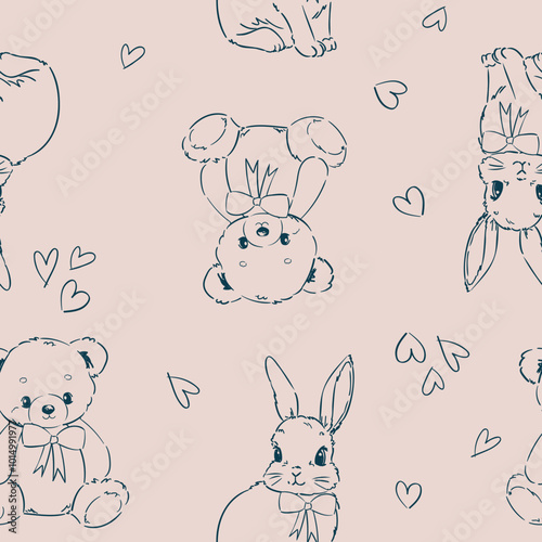 seamless pattern with cute bunny and teddy bear vector illustration 