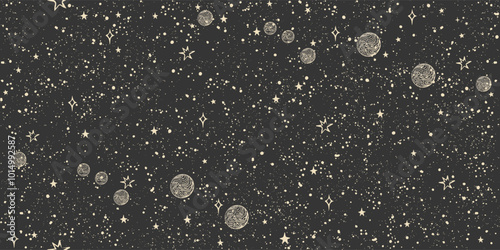 Seamless space pattern with stars and planets on black background for tarot, astrology. Mystical sky abstract ornament for wallpaper, wrapping paper. Vector illustration.