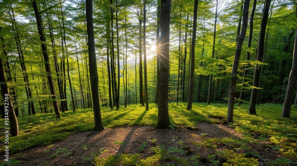 Fototapeta premium Sunlit Forest Canopy, a serene landscape where sunlight filters through lush green leaves, casting gentle patterns on the forest floor, inviting tranquility and reflection.