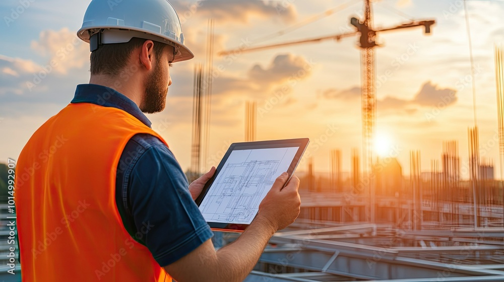 A construction worker checks blueprints on a tablet during sunset at a building site, showcasing modern engineering and safety. A construction worker checks blueprints on a tablet during sunset at a building site, showcasing modern engineering and safety.